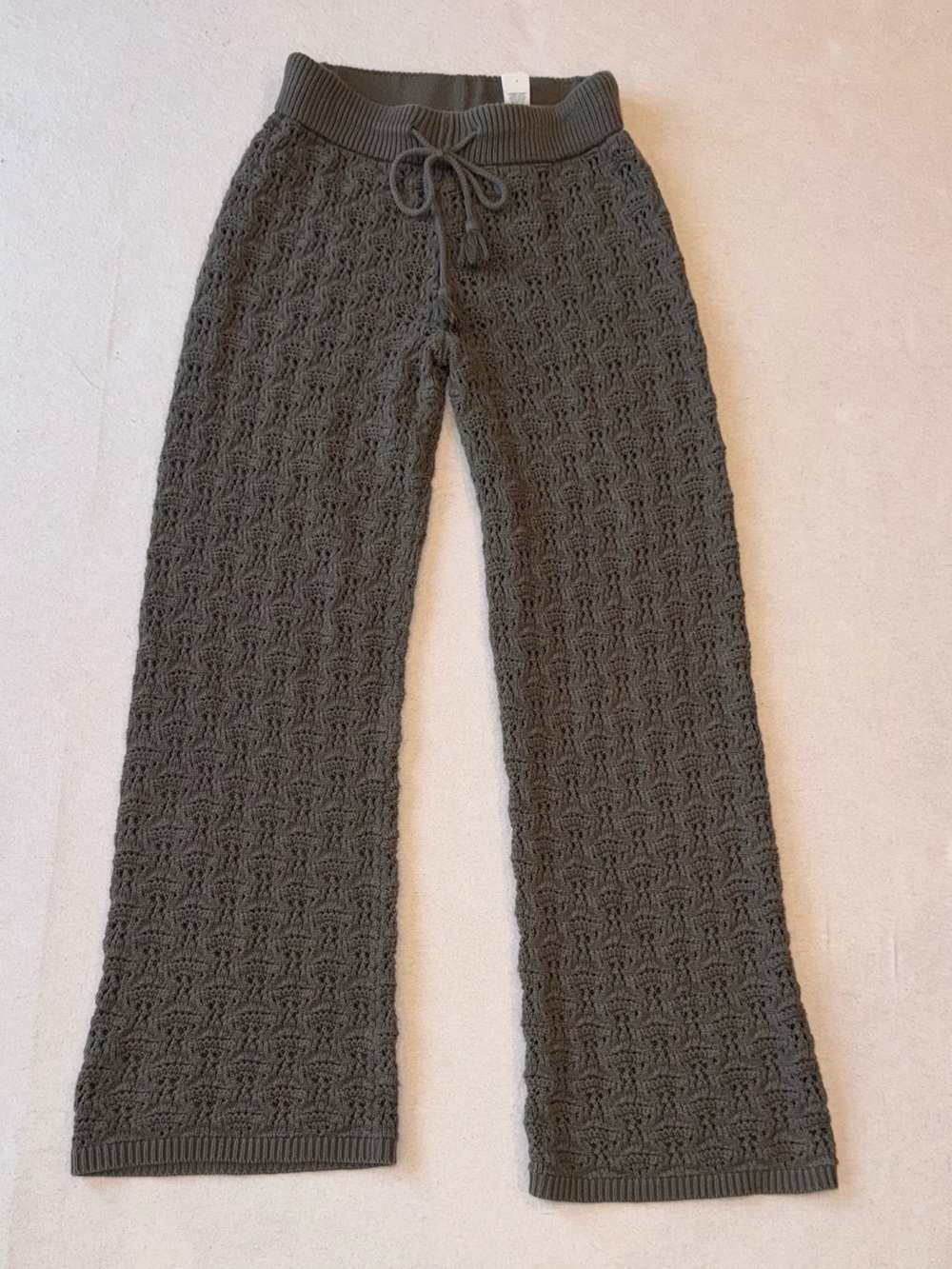 Aerie Crochet Knit Wide-Leg Drawstring Pants Dark Olive Cottagecore, Cool Girl